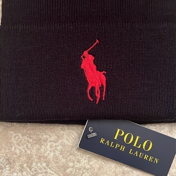Brand New Polo Ralph Lauren Black Knit Stretch Beanie Hat Red Embroidered Pony - Picture 4 of 14